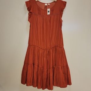 Gap Flutter Sleeve Tiered Ruffle Drawstring Waist Shift Dress in Rust, NWT, M